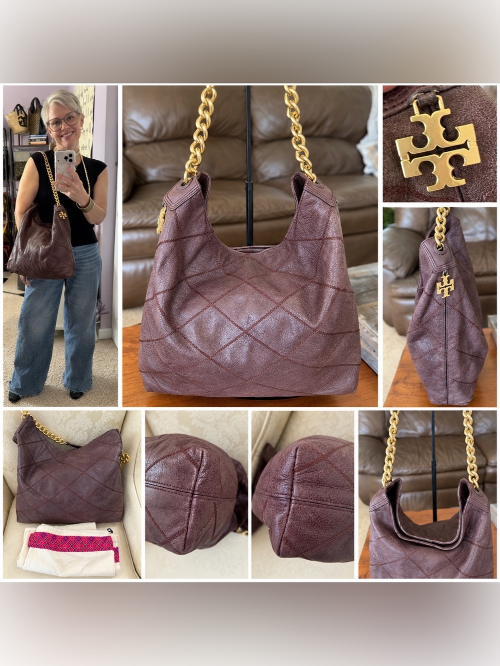 Tory Burch Quilted Leather Shoulder Bag with Gold Chain - Burgundy